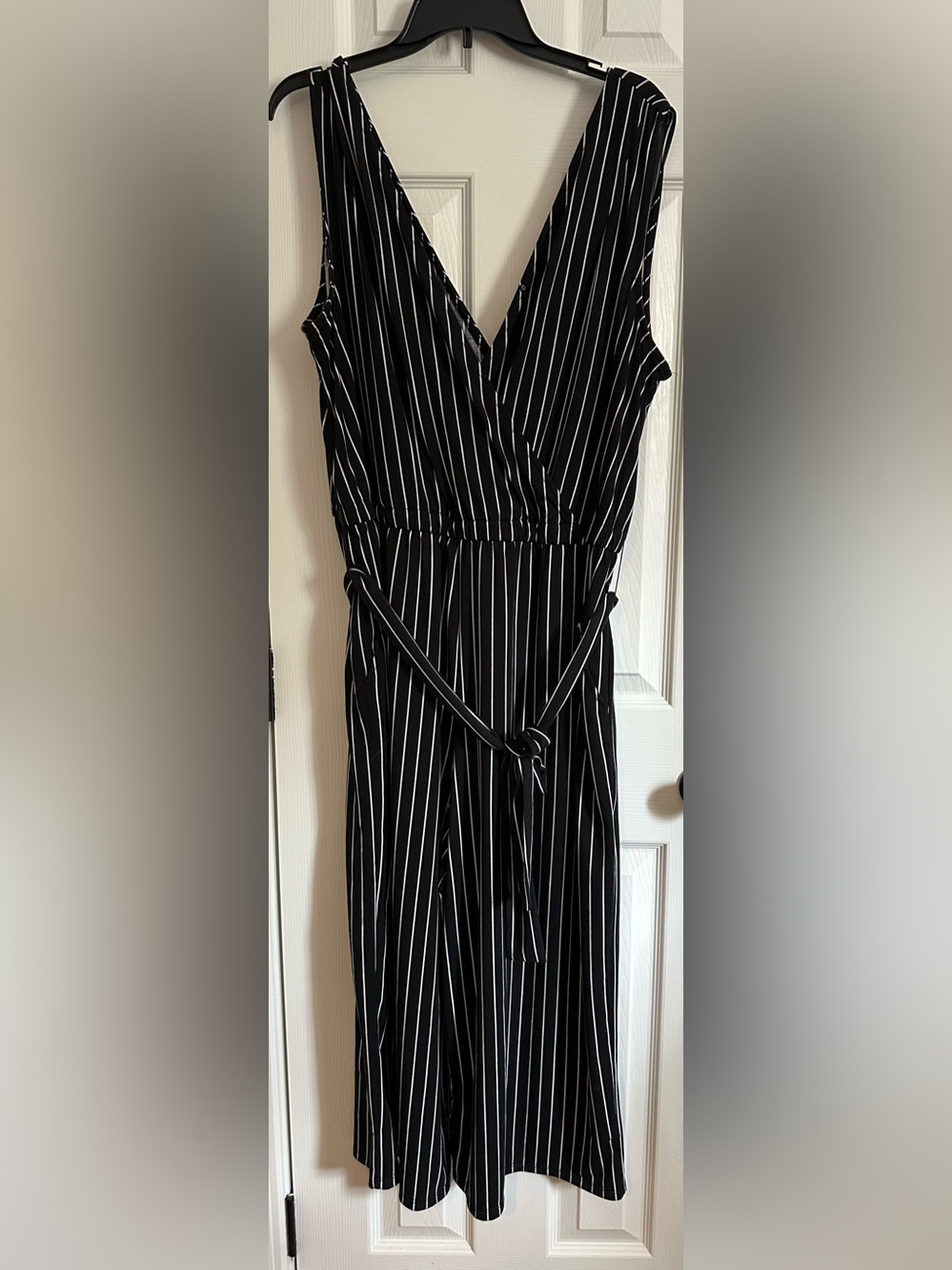 Black Vertical Stripe Jumpsuit with Tie Waist